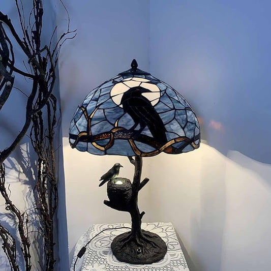 Bieye L10968 Raven Sitting on Bare Tree Branch in Full Moon Night Tiffany Style Stained Glass Table Lamp for Home Decor (Dark Blue, 16Wx24H Nest)