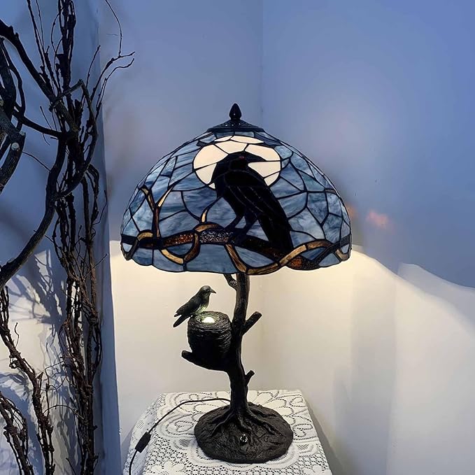 Bieye S10954 Raven Sitting on Bare Tree Tranch Against Full Moon Tiffany Style Stained Glass Lampshade (Dark Blue, 16Wx9H)