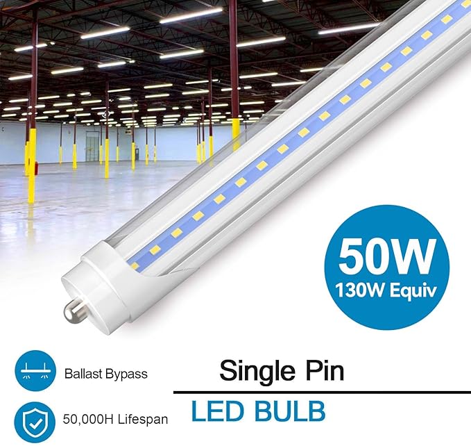 CNSUNWAY 8FT T8 LED Tube Lights (25 Pack) - 50W (130W Equiv.) High-Output 6000K CoolWhite, 5400LM, FA8 Single Pin Ballast Bypass, Clear Cover for T8/T10/T12 Fluorescent Replacement in Garage, ETL