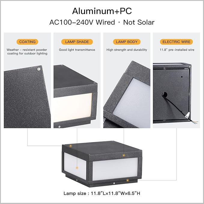 Outdoor Post Lights Hard Wired, AC100-240V 11.8" Column Light, Modern Pillar Lights Outdoor Waterproof, 3000K Square Post Lamp LED Lighting, Large Gate Fence Posts Light for Garden Patio Outside
