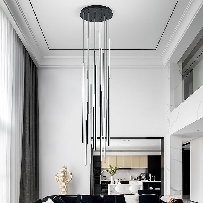 138" Modern LED Chandelier, Clustered Led Pendant Light, 20-Lights Dimmable High Ceiling Large Hanging Lighting Fixture for Loft Villa Living Room Stairs Foyer (Black-110W-20 Lights)