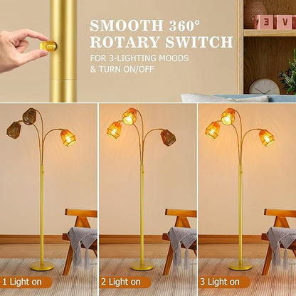 9MMML Vintage Gold Arc Floor Lamp with Rotatable Arms & Rattan Lampshade, 3-Light Mode Rotary Switch Adjustable, 72.5'' Tall Standing Lamp for Living Room, Bedroom, E26 Base