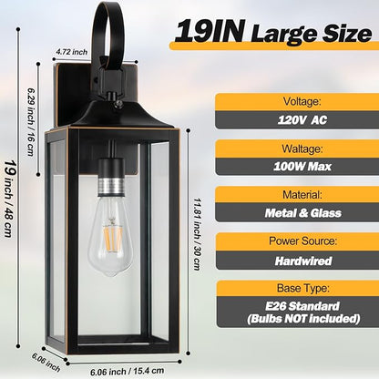 19" Dusk to Dawn Outdoor Lighting 2 Pack, Large Dusk to Dawn Outdoor Wall Lights, Black Sensor Porch Lights Outdoor Exterior Lighting Fixtures Wall Mount for House Garage -with Gold Trim