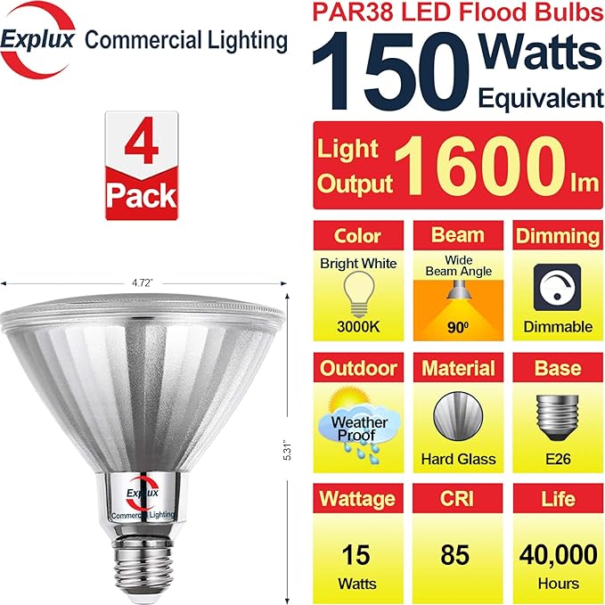 Explux Commercial-Grade LED PAR38, 150W Equivalent, 1600 Lumens, 40000 Hours, Classic Full Glass Flood Light Bulbs, Dimmable, Waterproof & Anti-Ageing, Bright White 3000K, 4-Pack