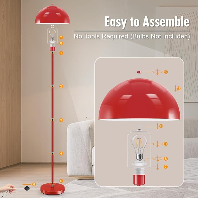 Industrial Floor Lamp, Red Floor Lamp for Living Room, 66Inch Tall Modern Standing Lamp, Stand Up Lamp with Metal Dome Shade, Mid Century Corner Reading Lamp for Bedroom Office Nursery Room, NO BULB