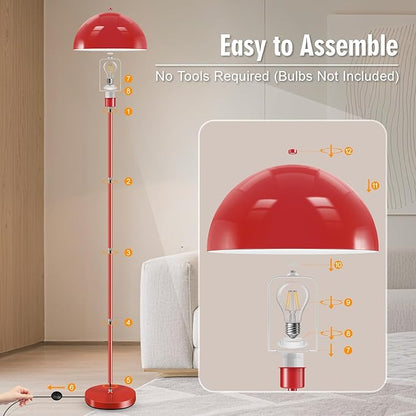 Industrial Floor Lamp, Red Floor Lamp for Living Room, 66Inch Tall Modern Standing Lamp, Stand Up Lamp with Metal Dome Shade, Mid Century Corner Reading Lamp for Bedroom Office Nursery Room, NO BULB