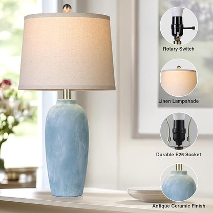 25“ Jar Table Lamps Set of 2, Ceramic Bedside Lamps for Bedroom, Beige Farmhouse Nightstand Lamps for Living Room