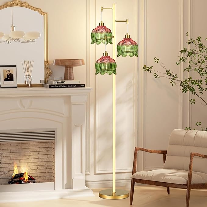 Glass Gold Floor Lamp for Living Room,Bedroom,Mid Century Modern Standing Lamp Brass Tree 3 Light Tall Floor Lamps Vintage Retro Floor Lights Green Flower Lamp Shade Farmhouse Boho Bohemian