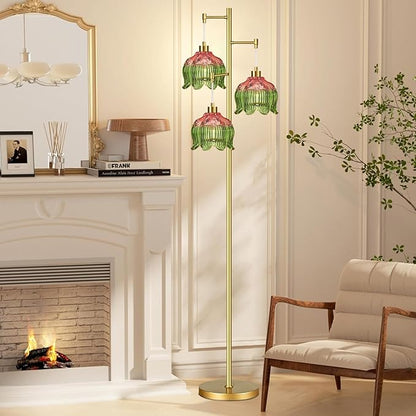 Glass Gold Floor Lamp for Living Room,Bedroom,Mid Century Modern Standing Lamp Brass Tree 3 Light Tall Floor Lamps Vintage Retro Floor Lights Green Flower Lamp Shade Farmhouse Boho Bohemian