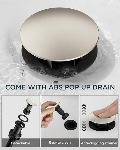 FORIOUS 2 Pack Brushed Nickel Bathroom Faucet 3 Hole with Pop Up Drain and 24" Supply Hose, 2 Handle 8 in Widespread 3 Hole Vanity Faucet for Bathroom Sink Brush Nickel with 360° Swivel Spout