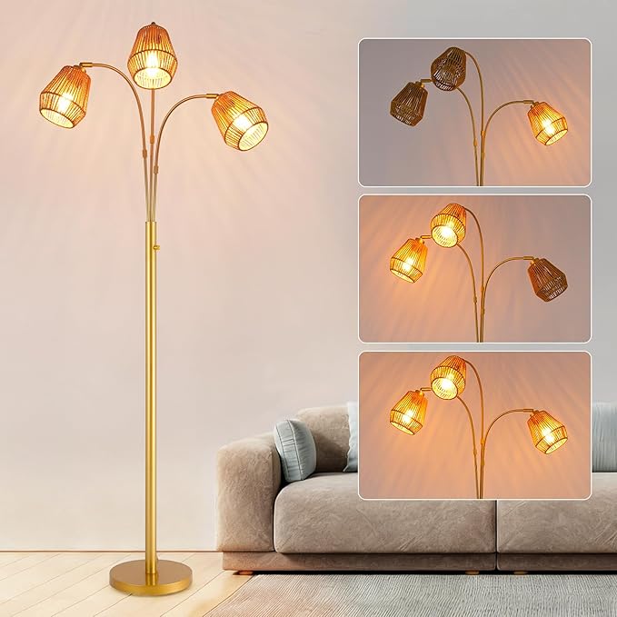 9MMML Vintage Gold Arc Floor Lamp with Rotatable Arms & Rattan Lampshade, 3-Light Mode Rotary Switch Adjustable, 72.5'' Tall Standing Lamp for Living Room, Bedroom, E26 Base