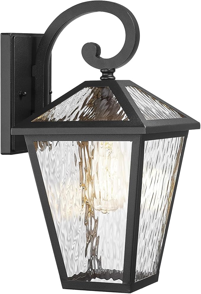 Outdoor Lights Fixtures Wall Mount, Outdoor Wall Lantern with Water Ripple Glass, Waterproof Outside Exterior Wall Sconce Lights Fixture for House, Front Porch, Patio, Large, Matte Black