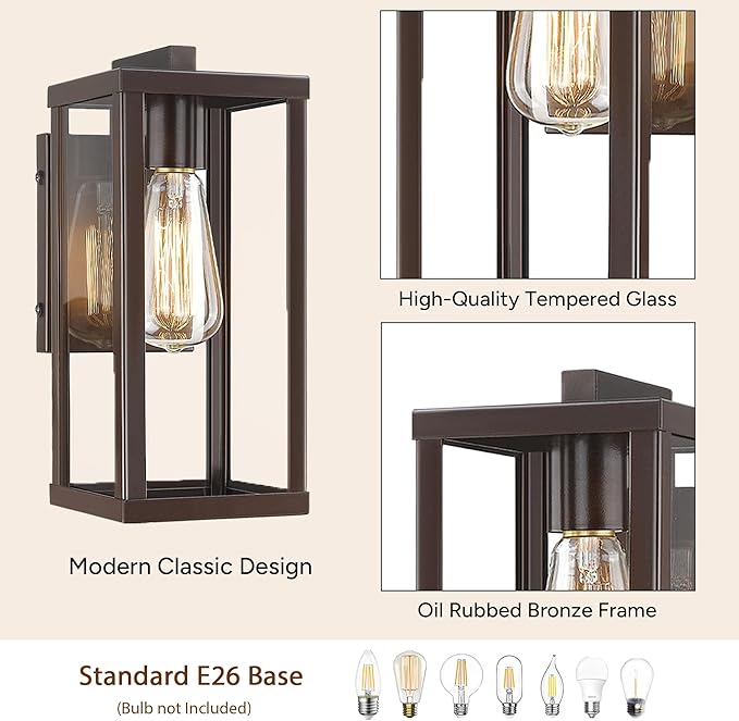 Outdoor Wall Lantern, Exterior Wall Mount Lights, Outdoor Wall Sconces, Wall Lighting Fixture, Outdoor Wall Lantern, Wall Lamp in Oil Rubbed Finish with Clear Glass (ORB, 2 Pack)