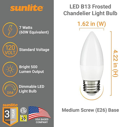 Sunlite LED B13 Torpedo Decorative Chandelier Light Bulb, 7 Watts (60W=), 500 Lmns, 120 Volts, Dimmable, E26 Base, 90 CRI, ETL Listed, Torpedo Frosted, Title-20, 3000K Warm White, 6 Pack