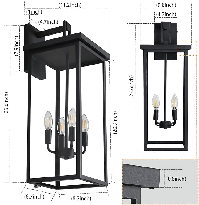 26 in Large Outdoor Wall Lantern, Modern Matte Black Exterior Light Fixtures for House with Clear Glass Shade, Large Outdoor Light Fixtures Wall Mount E12 Base Garage & Porch Wall Light