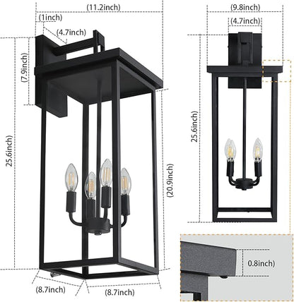 26 in Large Outdoor Wall Lantern, Modern Matte Black Exterior Light Fixtures for House with Clear Glass Shade, Large Outdoor Light Fixtures Wall Mount E12 Base Garage & Porch Wall Light
