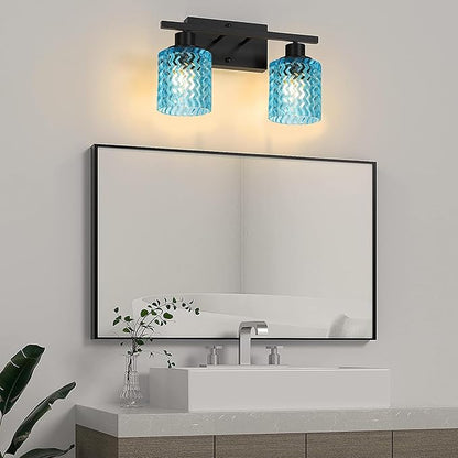 1Pack Corrugated Blue Glass Lamp Shades with 1-5/8 inch Fitter, Cylinder Glass Shade Covers Replacement Globe for Pendant Light fixtures Bathroom Vanity Lights Wall Sconces