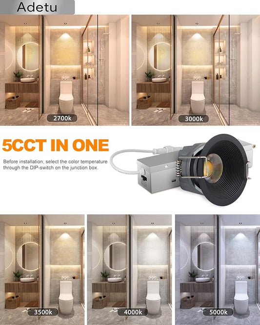 Adetu 2 Inch 5CCT Black LED Recessed Ceiling Light with Junction Box, 2700K/3000K/4000K/5000K Selectable, CRI90, 8W COB, 780LM, Dimmable Canless IP65 Waterproof Downlight-ETL&FCC (Black, 1 Pack)