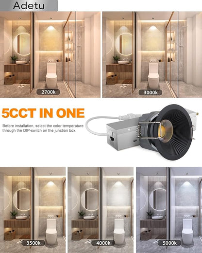 Adetu 2 Inch 5CCT Black LED Recessed Ceiling Light with Junction Box, 2700K/3000K/4000K/5000K Selectable, CRI90, 8W COB, 780LM, Dimmable Canless IP65 Waferproof Downlight-ETL&FCC (Black, 12 Packs)
