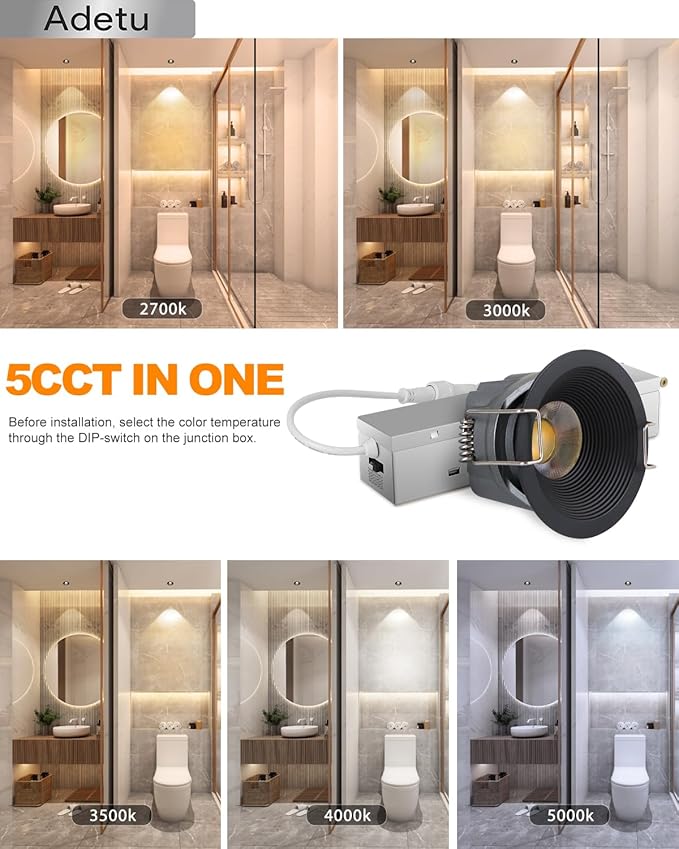 Adetu 2 Inch 5CCT Black LED Recessed Ceiling Light with Junction Box, 2700K/3000K/4000K/5000K Selectable, CRI90, 8W COB, 780LM, Dimmable Canless IP65 Waterproof Downlight-ETL&FCC (Black, 6 Packs)