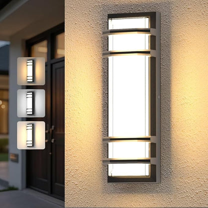 Modern Outdoor Wall Lights 16 Inch, Dimmable Exterior Wall Sconce, 3000K 4000K 6000K Adjustable Color Temp,IP65 Waterproof Black Outdoor Lighting for Porch,Garage,Patio,Garden,House,Hallway, Backyard