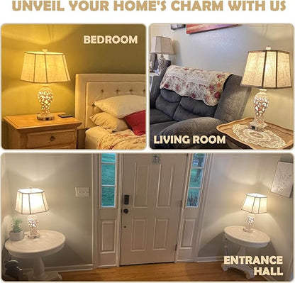 25'' Farmhouse Table Lamp for Living Room Bedroom, 2 USB Ports Vintage Rustic Nightstand Desk Lamp with Nightlight, White Hollow Out Resin Lamp for End Table (Bulb Included)
