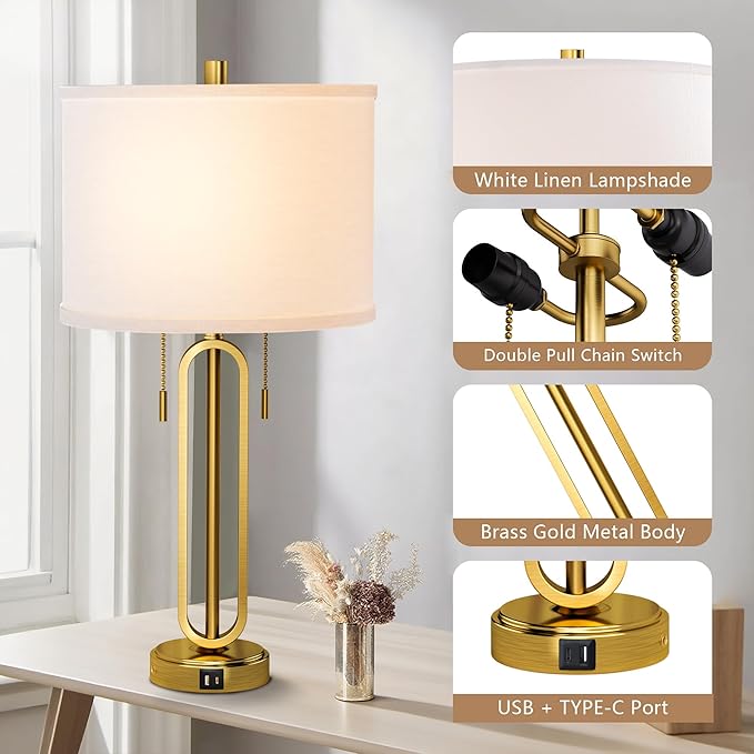 26.5" Set of 2 Industrial Table Lamps with USB C+ A Ports, Gold Metal Bedside Lamps, Pull Chain, Modern Farmhouse Nightstand Lamp for Bedroom, Living Room, Home Office with White Shade