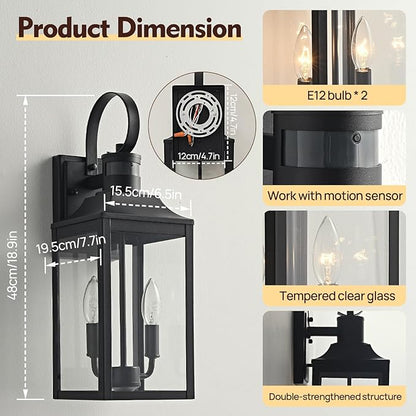 18.9" Black Motion Sensor Outdoor Wall Lantern, 2-Light Farmhouse Porch Light with Clear Glass Waterproof Exterior Light Fixture for Porch, Patio, and Garage 1 Pack Bulb Included