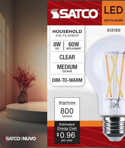 Satco S12150 8W LED A19 Bulb, Warm Dimming 3000K-2000K, 800 Lumens, 90 CRI, 60W Replacement, Clear Glass, E26 Medium Base, Enclosed Fixture Rated, Dimmable, 120 Volt (24 Pack)