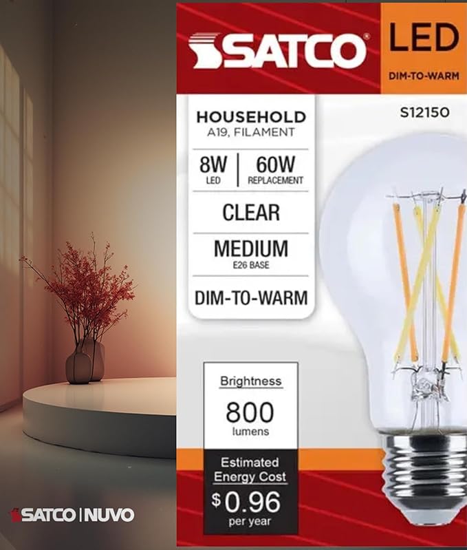 Satco S12150 8W LED A19 Bulb, Warm Dimming 3000K-2000K, 800 Lumens, 90 CRI, 60W Replacement, Clear Glass, E26 Medium Base, Enclosed Fixture Rated, Dimmable, 120 Volt (6 Pack)