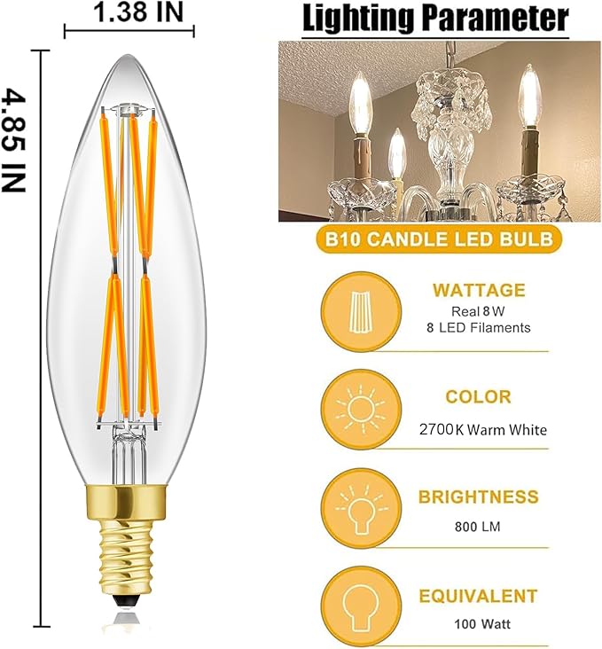 E12 LED Bulb 8W,100 watt Equivalent, Dimmable Candelabra Led Light Bulbs,Chandelier Light Bulbs 2700K Warm White,850lm Edison Bulb 4.85In,4-Pack.