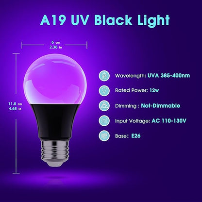Briignite Black Light Bulbs, 12W LED Black Light Bulb for Halloween Decoration, UVA 385-400nm UV Black Light, A19 Blacklight Bulb for Glow in Dark, Body Paint Fluorescent Poster Glow Party, 2 Pack