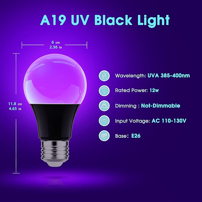 Briignite Black Light Bulbs, 12W LED Black Light Light Bulb for Halloween Decoration, UVA 385-400nm UV Light, A19 Blacklight Bulb for Glow in Dark, Body Paint Fluorescent Poster Glow Party, 4 Pack