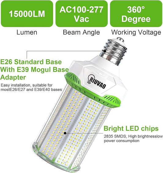 2 Pack 100W Led Corn Bulb,1000W Equivalent LED Corn Bulbs, 5000K 15000Lumen Daylight White E26 E39 for Large Area Lighting, Warehouse，High Bay Lighting Wide Application