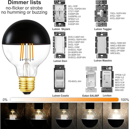 Half Chrome Light Bulb,6W (60W Equivalent) Dimmable LED Edison Bulbs,G80/G25 Globe Shape Decorative,Half Black Reflected Light,3000K Soft White CRI 90+ E26 Base Pack of 4