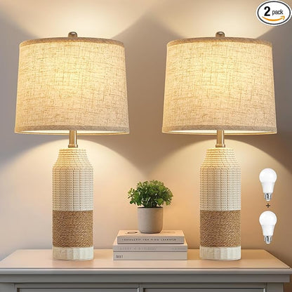 GyroVu Boho Rattan Table Lamps Set of 2, Bedside Table Lamps for Night Stands, Vintage Farmhouse Rattan Table Lamp Antique for Decoration, Bedroom, Living Room, Bedside Table