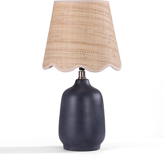19" Boho Ceramic Table Lamp, Handmade Ceramic Base with Rattan Shade, Farmhouse Plug-in Bedside Nightstand Lamps for Bedroom, Living Room, E26 Socket, Black