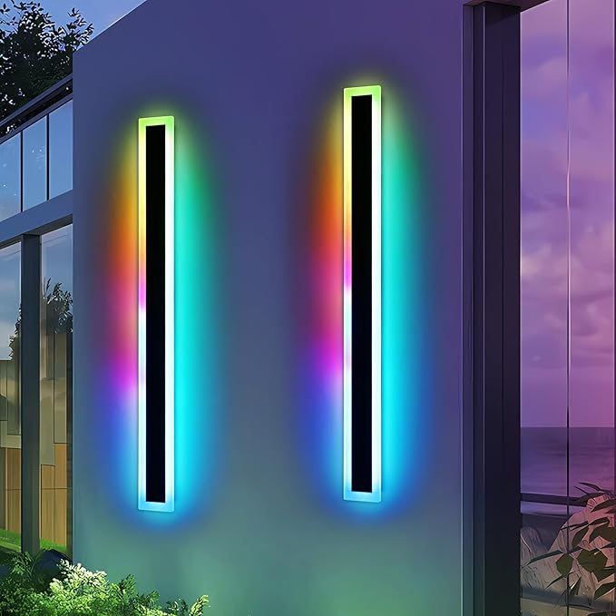 Widened 2 Pack Modern Exterior Lighting Fixtures, 58inch RGB Dimmable Outdoor Wall Sconces, 10 Colors, 5 Modes, IP65 Waterproof, Black Long LED Wall Mount Lights for Fence, Balcony, Garage