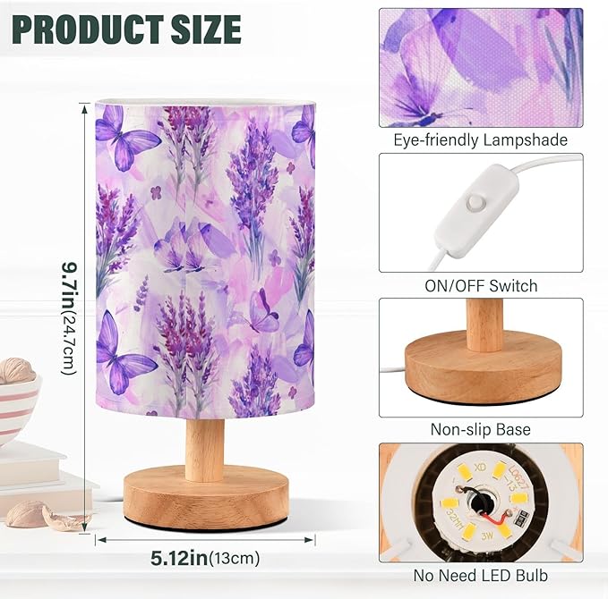 Bedside Lamp Purple Lavender Butterfly Table Lamp for Bedroom LED Nightstand Lamp Shade USB Ports Wood Base for Living Room Dorm Office