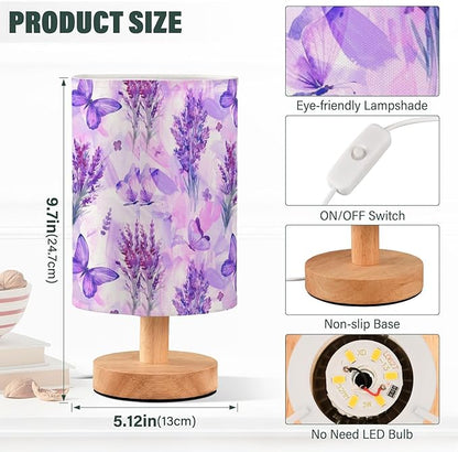 Bedside Lamp Purple Lavender Butterfly Table Lamp for Bedroom LED Nightstand Lamp Shade USB Ports Wood Base for Living Room Dorm Office