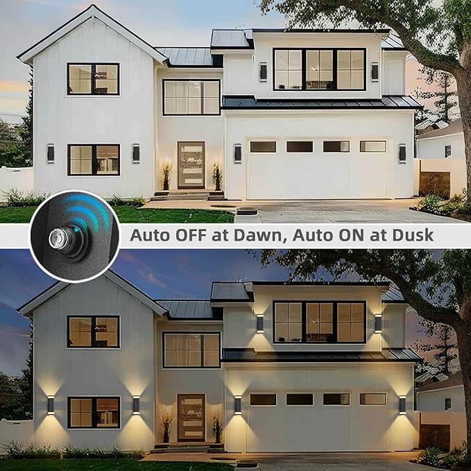 RAYVO Dusk to Dawn Outdoor Wall Lights 2 Pack, Modern Up and Down Exterior Lighting Fixtures with Sensor, Waterproof Aluminum Wall Sconce for Porch Garage Patio, LED Bulbs Included, Black Finish