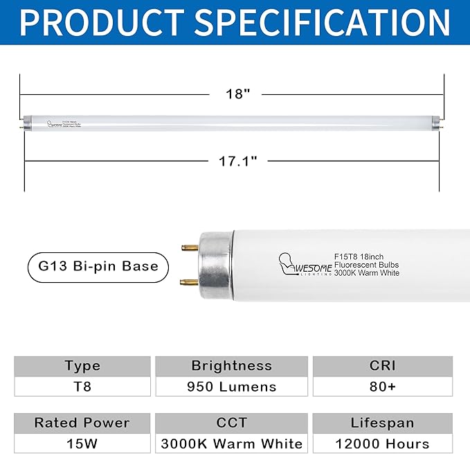 18 Inch F15T8/WW Fluorescent Light Bulbs, 3000K Warm White, T8 15 Watts Replacement Bulbs, Fluorescent Tube for Counter and Cabinet Fixture, G13 Base - 2 Pack