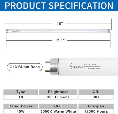 18 Inch F15T8/WW Fluorescent Light Bulbs, 3000K Warm White, T8 15 Watts Replacement Bulbs, Fluorescent Tube for Counter and Cabinet Fixture, G13 Base - 2 Pack