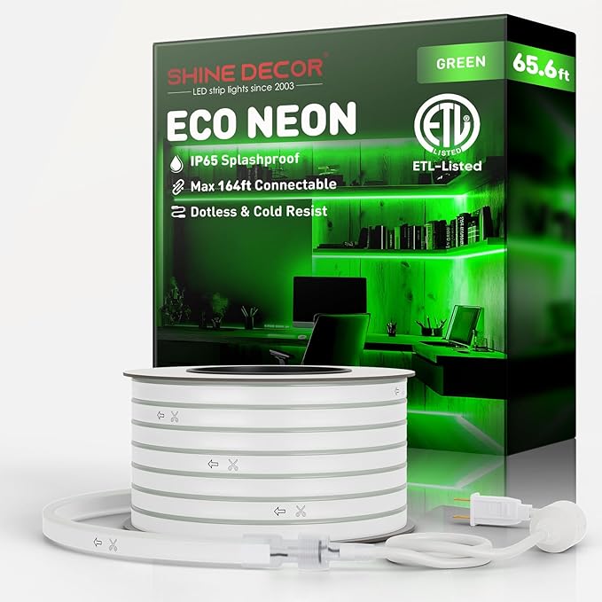 Shine Decor LED Rope Lights AC 120V, Connectable & Cuttable Dotless 120LEDs/M Eco Neon Strip Lighting, ETL IP65 Waterproof & Weather-Resistant for Home Commercial, 8x16mm, Green, 65.6FT