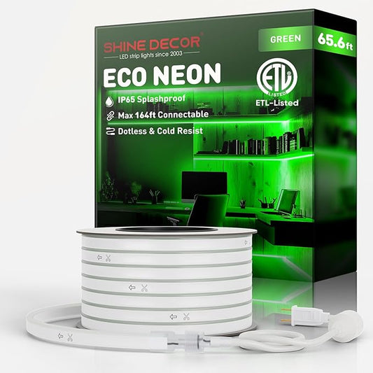 Shine Decor LED Rope Lights AC 120V, Connectable & Cuttable Dotless 120LEDs/M Eco Neon Strip Lighting, ETL IP65 Waterproof & Weather-Resistant for Home Commercial, 8x16mm, Green, 65.6FT