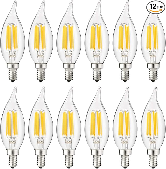Sunlite 41353-SU LED Filament Chandelier Light Bulb with Flame Tip, ETL Listed, 5 Watts (60W Equivalent), Candelabra Base (E12), Clear, Dimmable, 12 Count, 4000K - Cool White