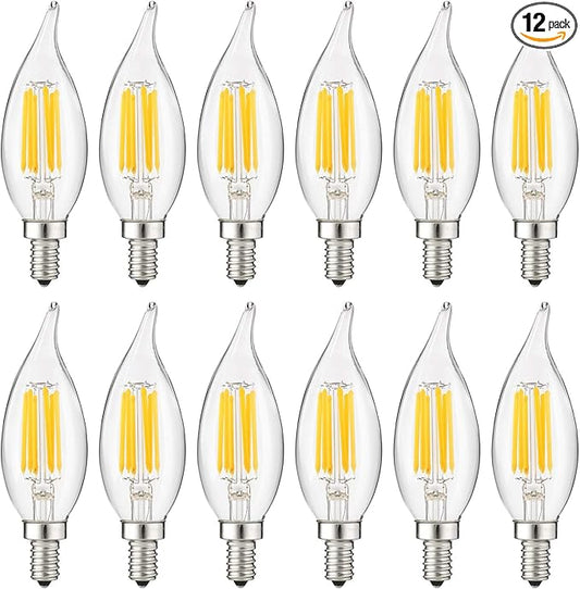 Sunlite 41353-SU LED Filament Chandelier Light Bulb with Flame Tip, ETL Listed, 5 Watts (60W Equivalent), Candelabra Base (E12), Clear, Dimmable, 12 Count, 4000K - Cool White