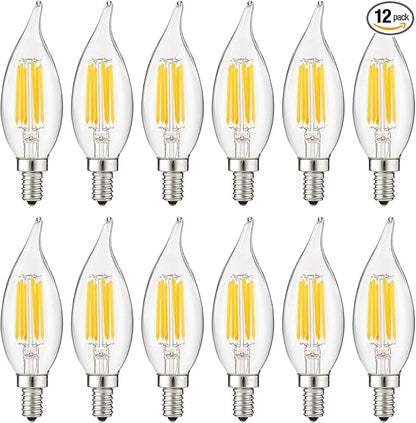 Sunlite LED Filament Chandelier Light Bulb with Flame Tip, ETL Listed, 5 Watts (60W Equivalent), Candelabra Base (E12), Clear, Dimmable, 5000K Daylight, 12 Count