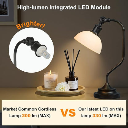 Cordless Vintage Bankers Table lamp, 5200-mAh Rechargeable Battery, 3-Level Brightness, Build-in Integrated LED 320 Lumen Max, Half-Globe Glass Shade, for Bedside Desk Nightstand Light