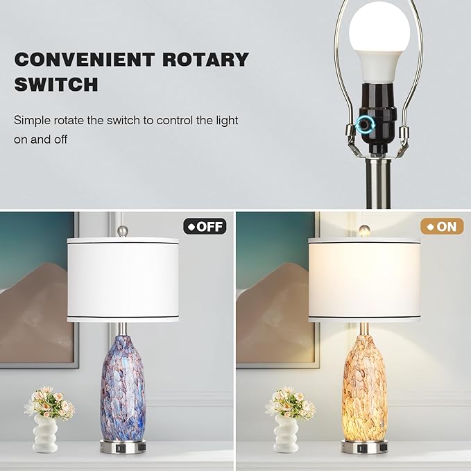 26" Coastal Glass Table Lamps Set of 2 for Living Room, 3 Way Touch Bedside Lamp for Bedroom, Nautical Beachy Lamp with USB A+C Ports and AC Outlet for Nightstand, 2 LED Bulbs Included